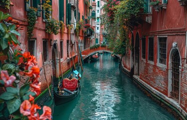 Gondolas moored along a peaceful narrow canal in Venice, framed by vibrant flora and historic architecture - obrazy, fototapety, plakaty