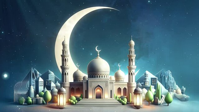 Ramadan Kareem celebration banner. Eid mubarak islamic mosque with half Crescent moon, star, and lantern. Animated islamic ramadan background