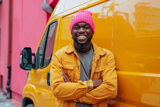Cheerful African American courier with hands folded on chest leaning on yellow delivery van. Adult black delivery man in yellow jacket and knitted hat. Online shopping package delivery concept.