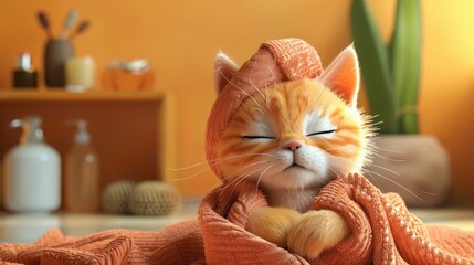 Adorable cartoon feline, enjoying a pamper session in bathrobe and towel turban, vibrant orange setting