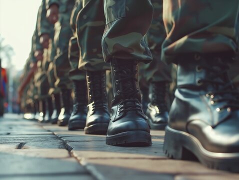 Rows of soldiers in camouflage uniform standing in formation, focus on polished military boots.
