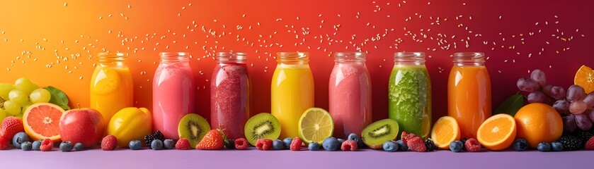 Presented in an enticing lineup, colorful smoothies are paired with matching fruits or berries, evoking a sense of freshness and variety that tantalizes the senses.