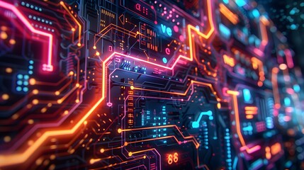 An intricate close-up of a neon-lit futuristic circuit board, symbolizing advanced technology and computing.