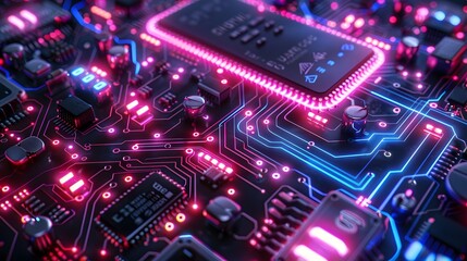 Close-up of an illuminated circuit board with microchips and electronic components in blue and pink lighting.