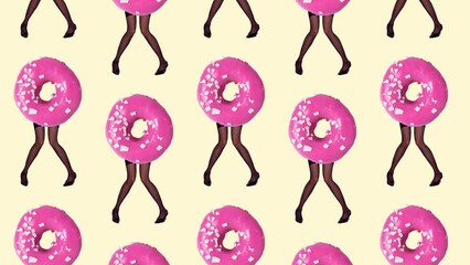 Stop motion, animation. Slender female legs in black tights on heels with pink donut body over yellow background. Concept of art, creativity, food, design, surrealism. Abstract creative design - Powered by Adobe
