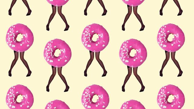 Stop motion, animation. Slender female legs in black tights on heels with pink donut body over yellow background. Concept of art, creativity, food, design, surrealism. Abstract creative design
