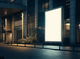 Illuminated white blank billboard at night beside an office building, creating a striking contrast with the dark urban setting, ready for advertisement