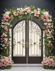 Wedding anniversary gate with beautiful flowers and creeper isolated on transparent background colorful background