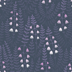 Seamless pattern of beautiful blooming grass on a dark background. Flowering heather bushes. Romantic background for women's fabric design. Flat vector illustration.