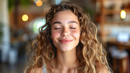 Portrait of a content young woman with curly hair and closed eyes, exuding happiness and serenity in a cozy indoor setting.