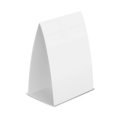 Table tent template. White blank paper countertop pop banner stand. Realistic mockup. Desktop promotional graphic display card vector mock-up