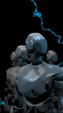 movement of a squad of humanoid robots, artificial intelligence, dark background, 3D rendering, cyclic animation