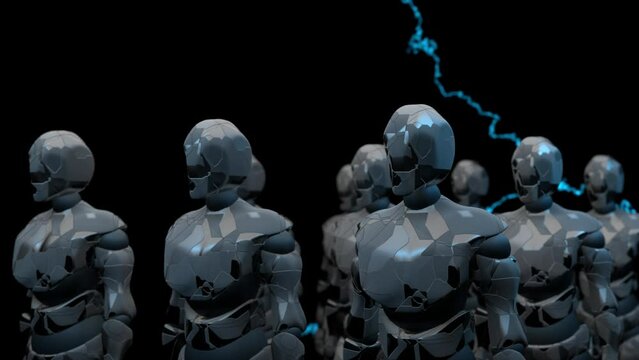 movement of a squad of humanoid robots, artificial intelligence, dark background, 3D rendering, cyclic animation