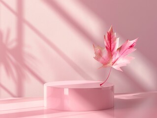 Modern trending lightweight pink background for product presentation with shadow and light from windows. Empty podium with maple leaf