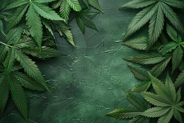fresh green marijuana cannabis leaves on green wooden background with copy space
