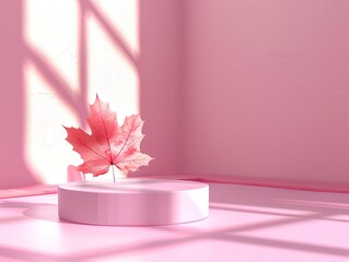 Modern trending lightweight pink background for product presentation with shadow and light from windows. Empty podium with maple leaf