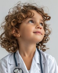 a happy child who is looking thoughtful, wearing a doctor's coat