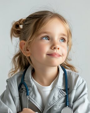 a happy child who is looking thoughtful, wearing a doctor's coat