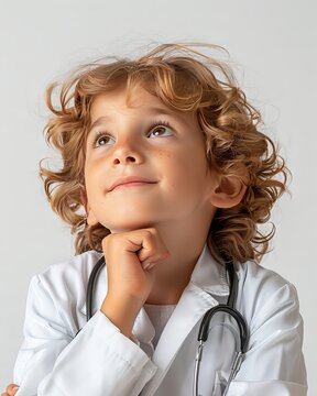 a happy child who is looking thoughtful, wearing a doctor's coat