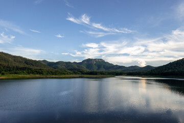 Serene Lake with Lush Hills Under a Blue Sky