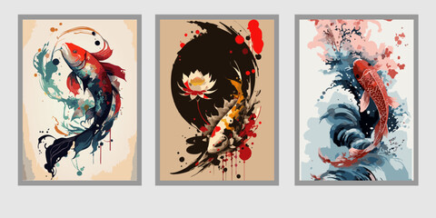 Premium Vector Illustration | Painting of koi carps, animals full of luck, symbols of harmony of life with nature