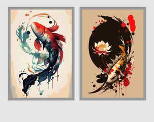 Premium Vector Illustration | Painting of koi carps, animals full of luck, symbols of harmony of life with nature
