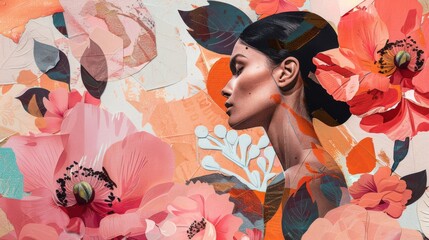 Artistic collage of a woman with floral graphics overlay, depicting creativity, feminine beauty, and the concept of nature and art in harmony. - obrazy, fototapety, plakaty
