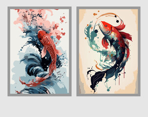 Premium Vector Illustration | Painting of koi carps, animals full of luck, symbols of harmony of life with nature