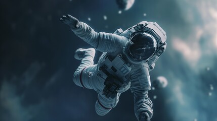 A lone astronaut floating in the cosmic expanse with a sense of exploration and isolation. - obrazy, fototapety, plakaty