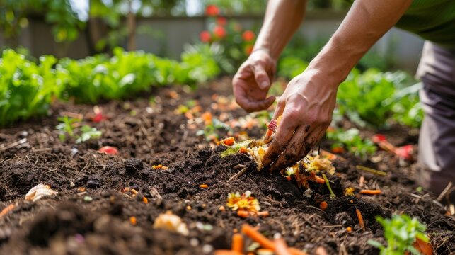 Close-up image of hands composting organic kitchen waste, like vegetable scraps, in a fertile soil garden, showcasing sustainability and eco-friendly practices.