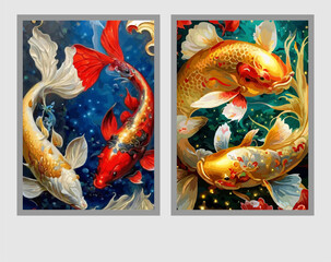 Premium Vector Illustration | Painting of koi carps, animals full of luck, symbols of harmony of life with nature