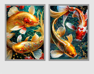 Premium Vector Illustration | Painting of koi carps, animals full of luck, symbols of harmony of life with nature