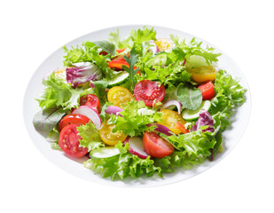 Naklejka premium plate of green salad with fresh vegetables isolated on transparent background