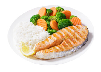 plate of grilled salmon, rice and vegetables isolated on transparent background