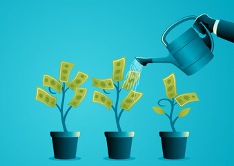 Business concept illustration of a businessman watering plant with dollar leaves. Investment, business growth concept