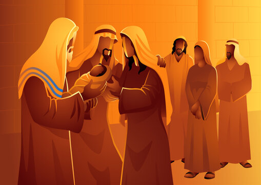 Biblical vector illustration series, forty days after Jesus' birth, Mary and Joseph carried Him to the Temple in Jerusalem and Simeon blessed them