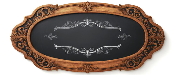 Blank black chalkboard mockup in ornate wooden frame on white wall
