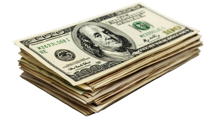 Money pile of packs of hundred dollar bills stacks isolated on transparent background.