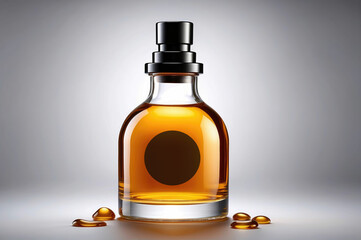 Modern Amber Cologne Bottle with Elegant Design and Space for Label, Isolated on a Gray Background