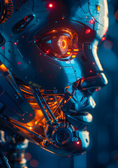 A closeup of a robots jaw with electric blue lighting in its glowing eyes
