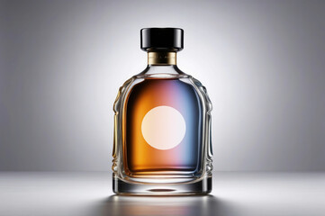 Modern Amber Cologne Bottle with Elegant Design and Space for Label, Isolated on a Gray Background