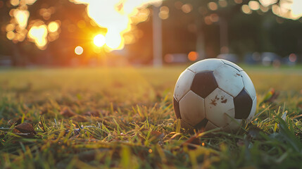 Soccer ball resting on a lush green grass field with a vibrant sunset in the background and lens flare effects  - obrazy, fototapety, plakaty
