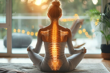 A woman with a dedicated spine from back pain, sitting in a lotus position, doing yoga. - Powered by Adobe