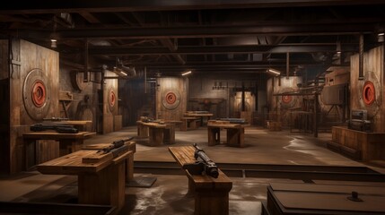 Awe-inspiring underground shooting range lined in distressed wood with armory displays and tech-forward targets - obrazy, fototapety, plakaty