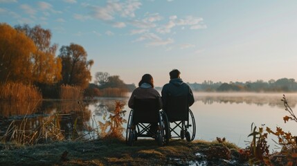 An inspiring image of a couple, one in a wheelchair, witnessing a tranquil sunrise by a scenic lake surrounded by autumnal trees.
