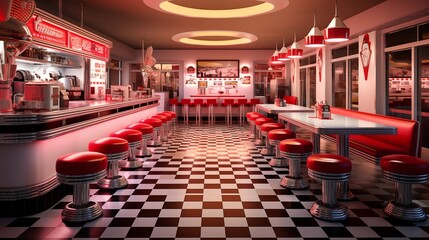 Blast to the Past retro 1950s malt shop and diner with black and white checkerboard tiles and neon signs galore