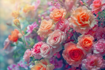 Radiant Spring Floral Backdrop with Blooming Pink and Orange Roses in Soft Focus, Dreamy Garden Natural Background for Design and Creativity