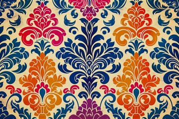 Fototapeta premium Vibrant Baroque Damask Pattern Background with Rich Colored Floral Motifs on a Dark Canvas