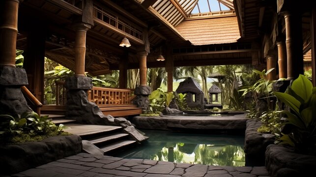 Balinese-inspired indoor courtyard garden with reflecting pools, intricate stone carvings, and thatched roof pavilions