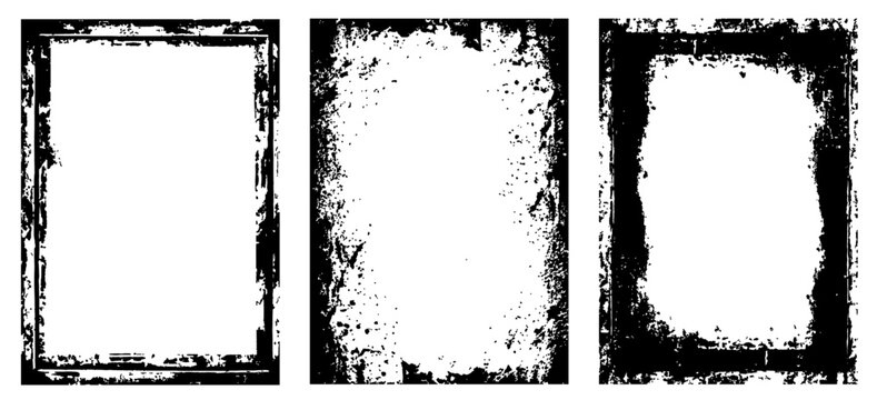 Set of 3 transparent vector grunge abstract dirty background frame textures with dust overlay. Place artwork over any image to make distressed effect